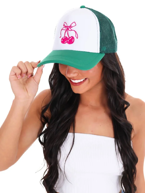 Cherry Bow Trucker Hat In White/green