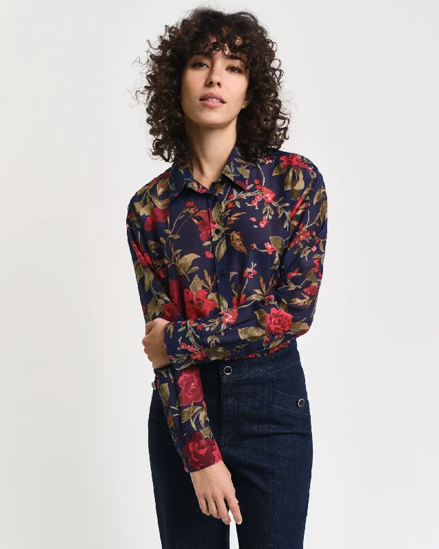 Gant Women Blue Printed Spread Collar Full Sleeves Shirt