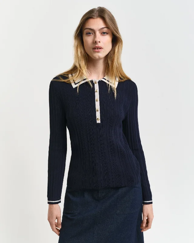 Gant Women Blue Solid Collared Full Sleeves Sweater