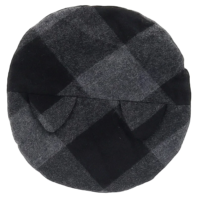 Maison Michel Checkered Print Cat-ear Beret in Black Wool