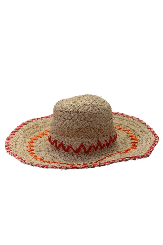 Raffaello Bettini Womens Woven Flat Wide Brim Embroidered Hat Straw Beige