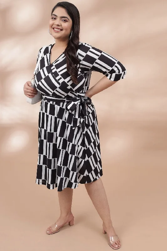 Black Monochrome Printed True Wrap Dress