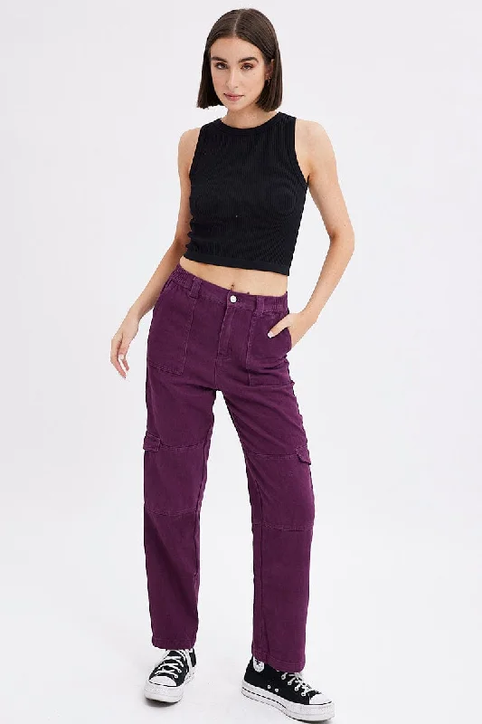 Purple Cargo Jeans Straight Back Elastic Waist