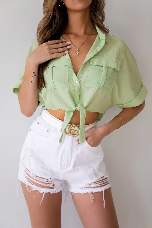 Let Me Know Sage Tie-Front Crop Top