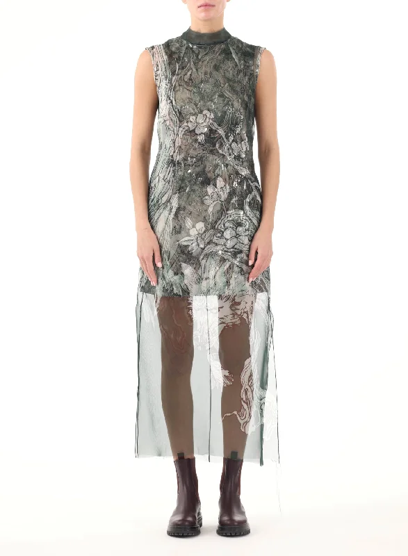 PRINTED ORGANZA SHEATH DRESS W/ CRINKLE FOIL UNDER