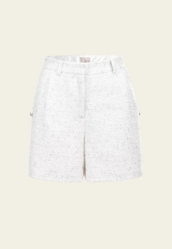 White Lurex Tweed Embellished Shorts