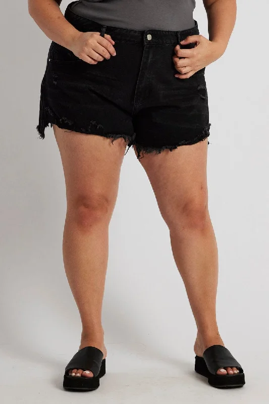 Black Relaxed Denim Shorts High Rise