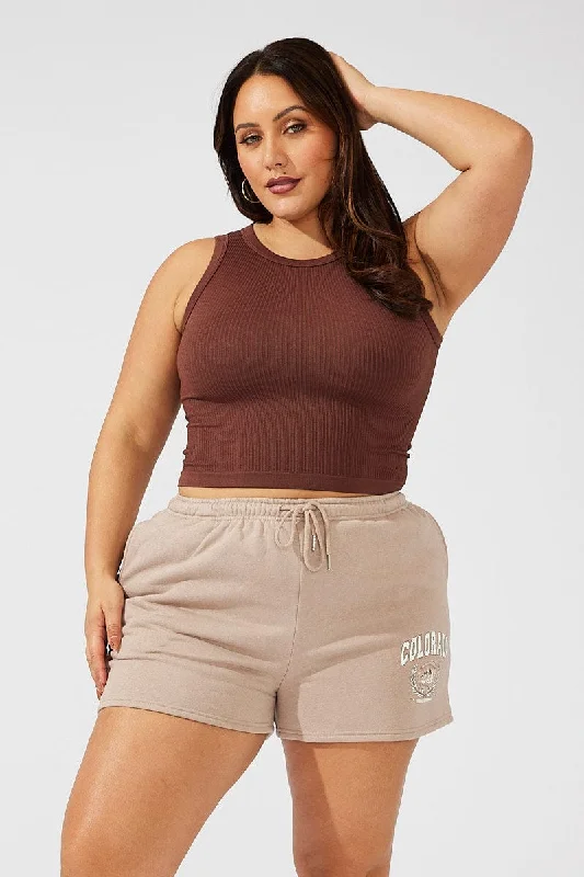 Brown Track Shorts High Waist