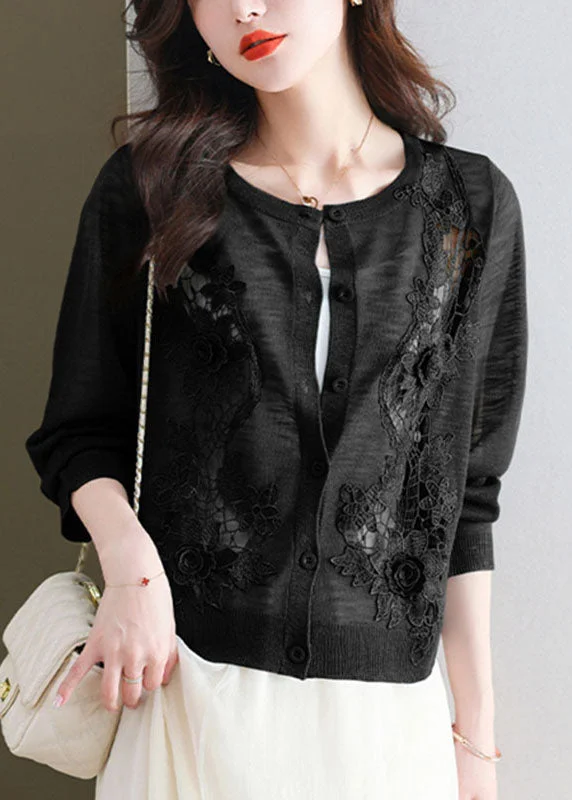 Chic Black Floral Ice Size Knit Cardigans Summer