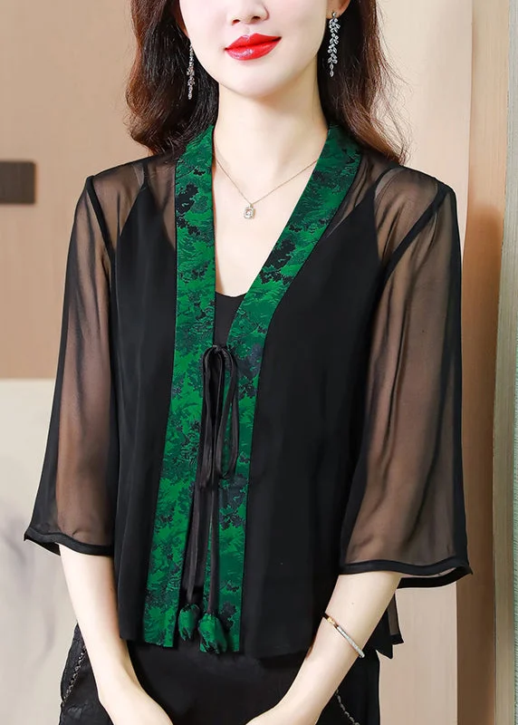 Chinese Style Green V Neck Lace Up Patchwork Silk Cardigan Summer