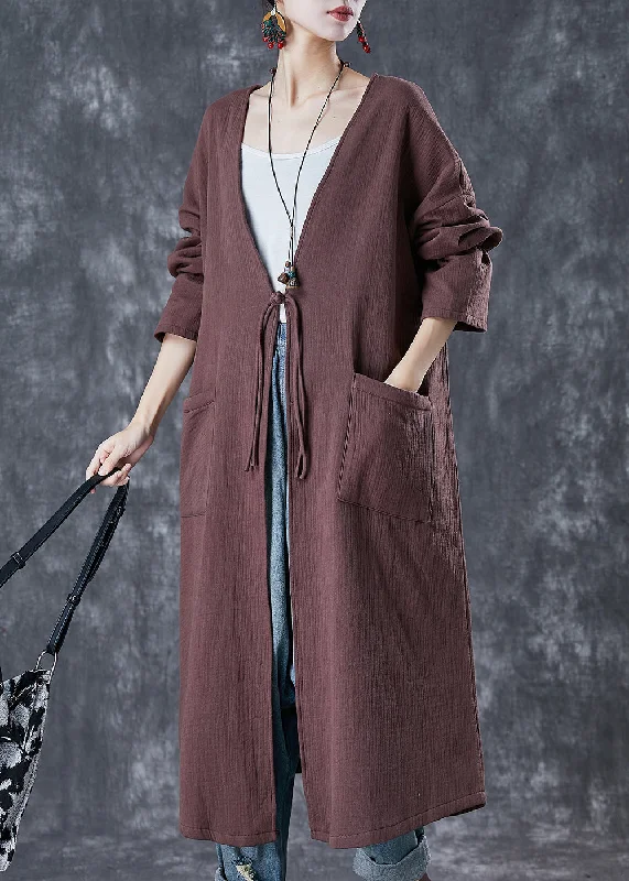 Classy Chocolate Oversized Chinese Button Linen Long Cardigan Spring