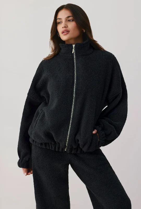 Oversized Fleece Zip Up Jacket in Onyx