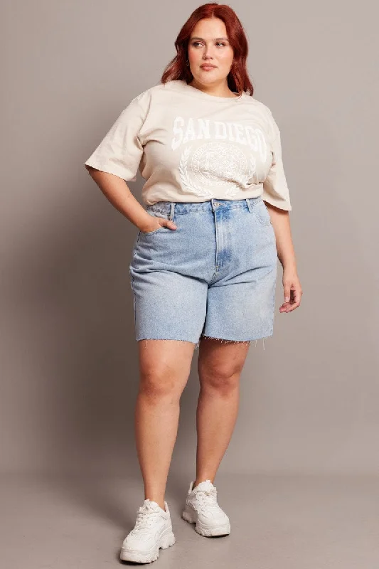 Denim Longline Shorts High Rise Relaxed Fit Raw Hem