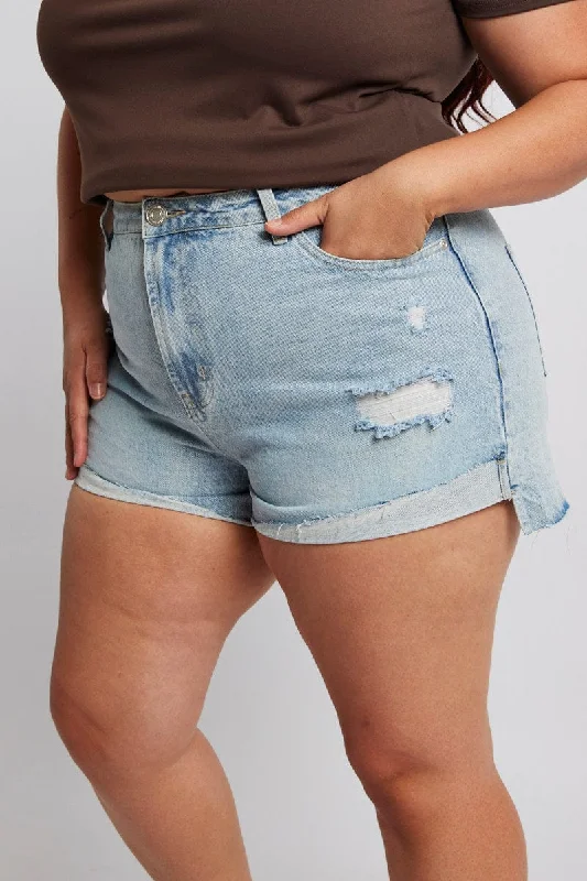 Denim Relaxed Shorts High Rise Distressed Hem