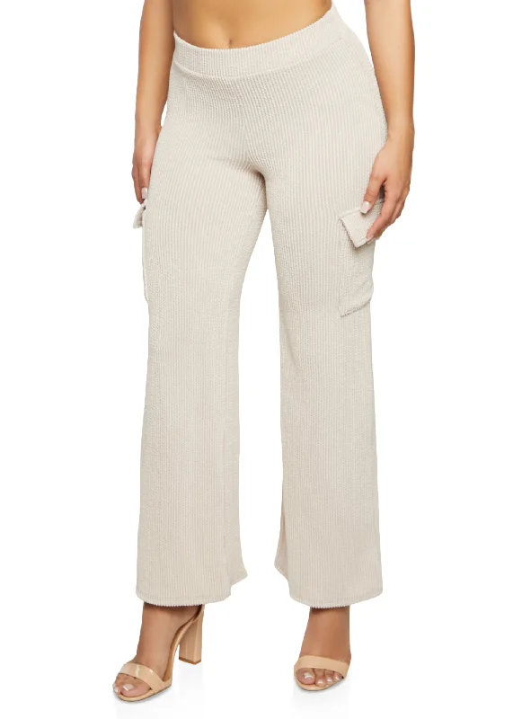 Ribbed High Waist Cargo Pocket Wide Leg Pants