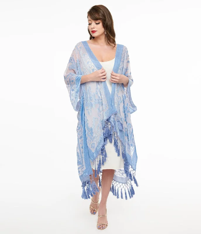 Sky Blue Velvet Mesh Tapestry Kimono