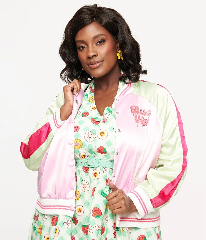 Unique Vintage Plus Size Pink & Green Bite Me Satin Bomber Jacket