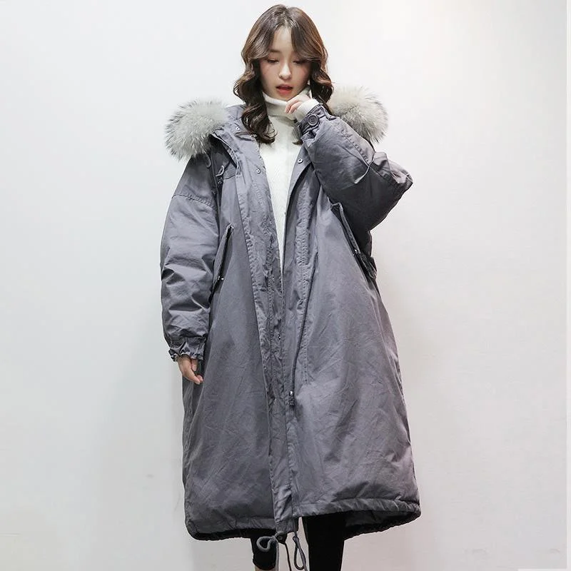 women dark gray down jacket woman oversize hooded snow jackets loose coats