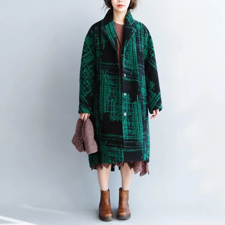 women Green print Wool Coats plus size clothing trench coat Fine long woolen jackets