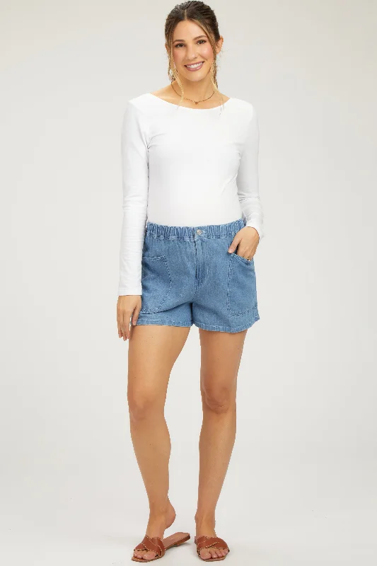 Blue Elastic Waist Maternity Denim Shorts