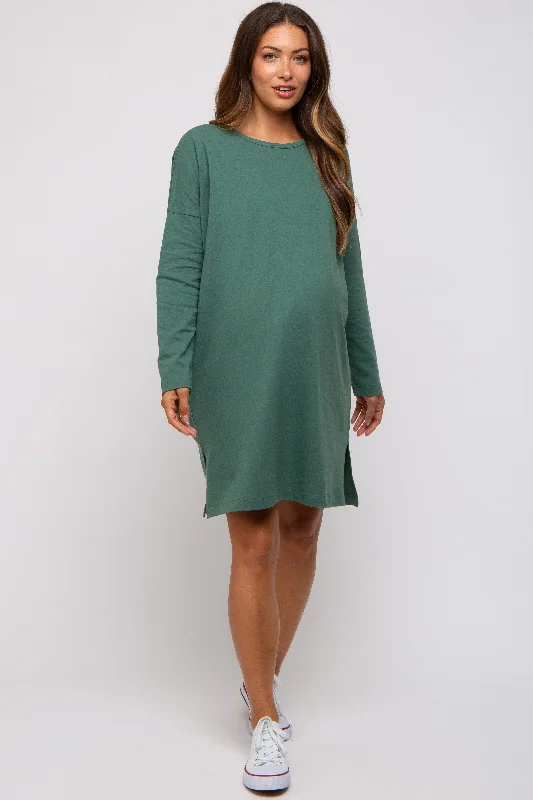 Green Long Sleeve Maternity Shirt Dress