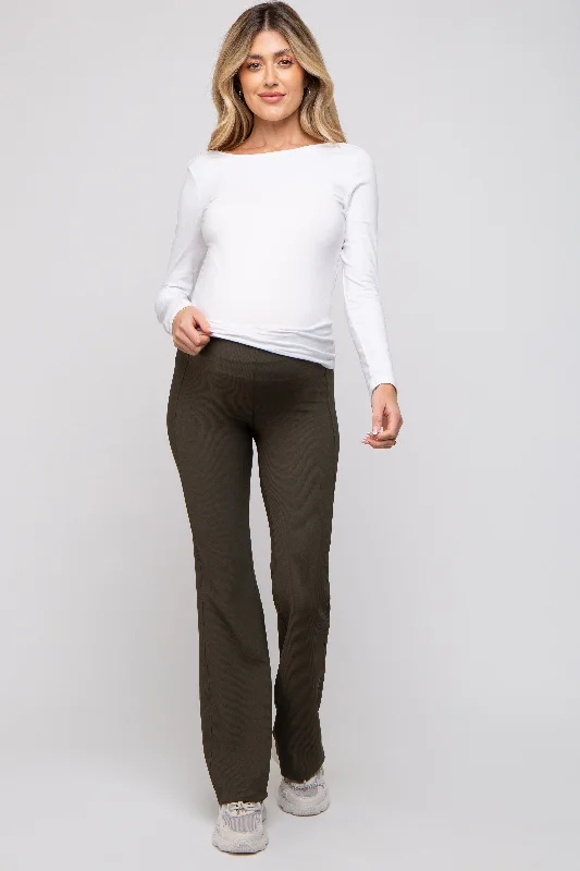 Olive Ribbed Maternity Flared Leggings