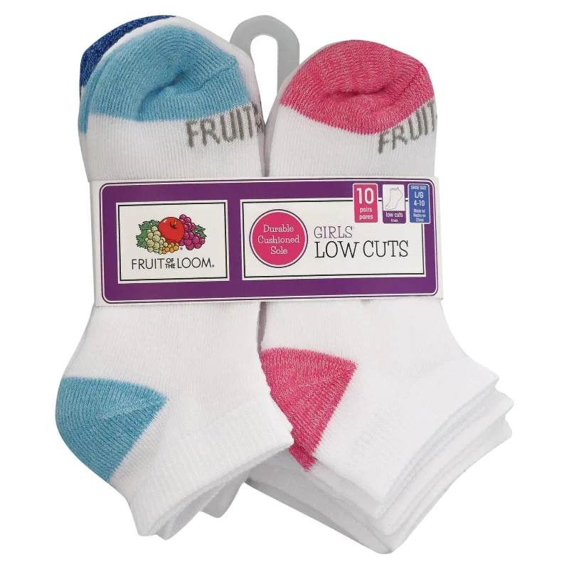 Fruit Of The Loom Girls Cushioned Low Cut Socks 10 Pair